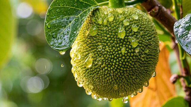 Close up of fresh green jackfruit on a tree branch covered in water droplets under a warm glowing backlight