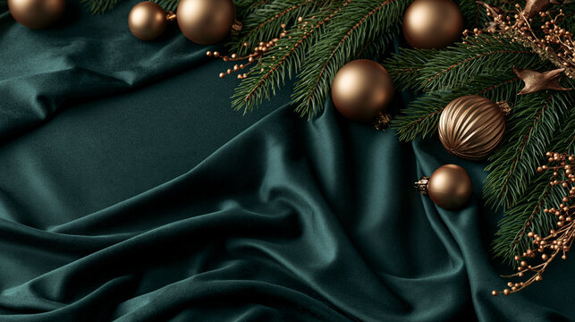Dark green velvet fabric background with bronze christmas baubles and pine branches for elegant seasonal holiday decor set.