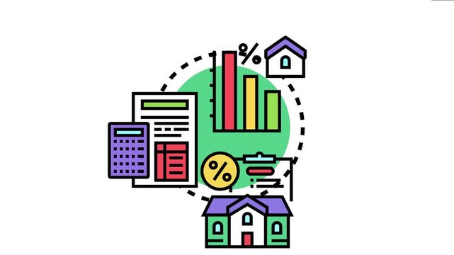 Mortgage interest deduction concept showing tax forms, calculators, charts and small house models to represent financial planning, property investment, and tax savings