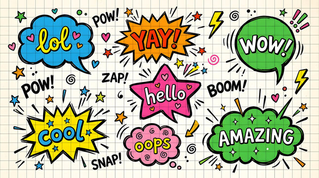Comic Book Speech Bubbles: A vibrant collection of hand-drawn comic book speech bubbles, bursting with exclamations like LOL, YAY, WOW, COOL, and AMAZING, set against a grid-lined paper background.