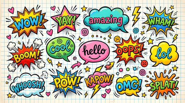 Comic Book Speech Bubbles: A vibrant collection of comic book style speech bubbles and sound effect words like WOW, YAY, BOOM, POW, and SPLAT, scattered across a lined paper background.