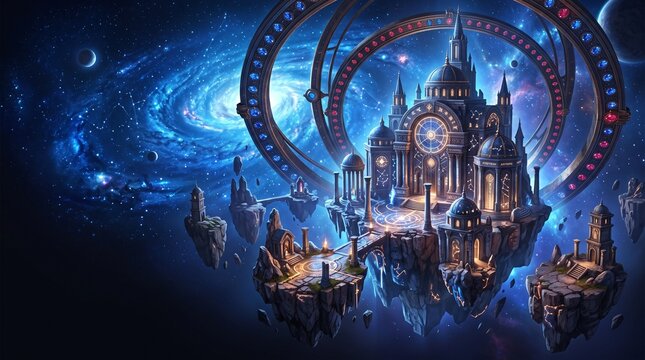 Giant mechanical rings of a cosmic astrolabe revolve around the structure, embedded with glowing sapphires and rubies