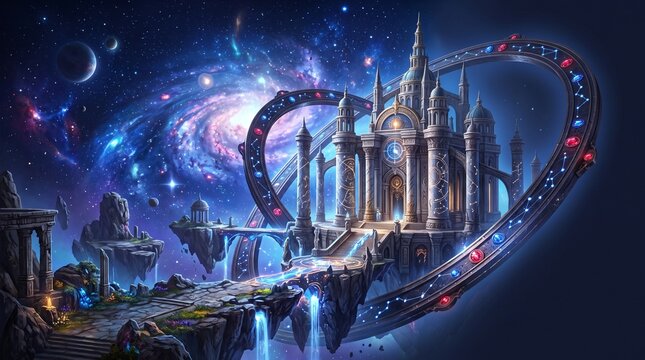 A wondrous cosmic fantasy landscape for an action RPG. An ancient floating temple with intricate glowing celestial maps carved into marble pillars, suspended on floating rock islands