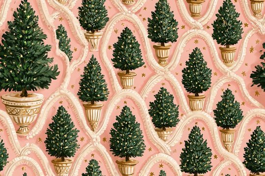 Seamless grandmillennial Christmas pattern with scalloped ribbon trellis, potted topiary trees and golden stars, blush pink forest green cream and antique gold hand painted wallpaper design