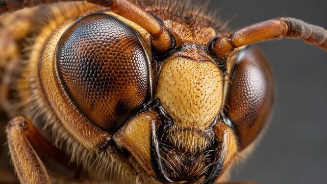 Extreme close up macro shot of a hornet head with compound eyes and antennae in 4K resolution 