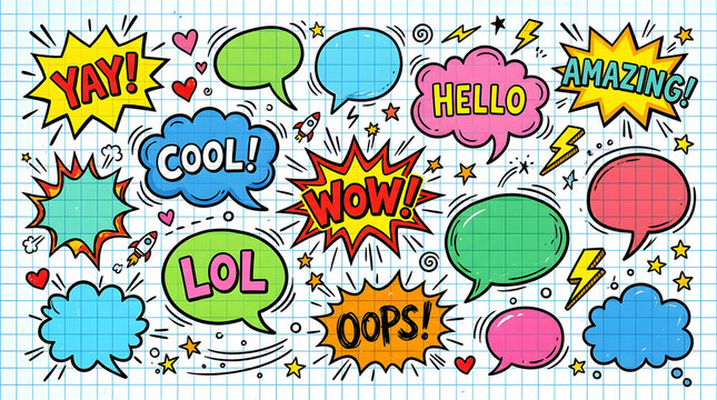 Speech Bubbles Collection: A vibrant collection of comic-style speech bubbles filled with exclamations like Yay!, Cool!, Wow!, LOL!, Oops!, and Amazing!.