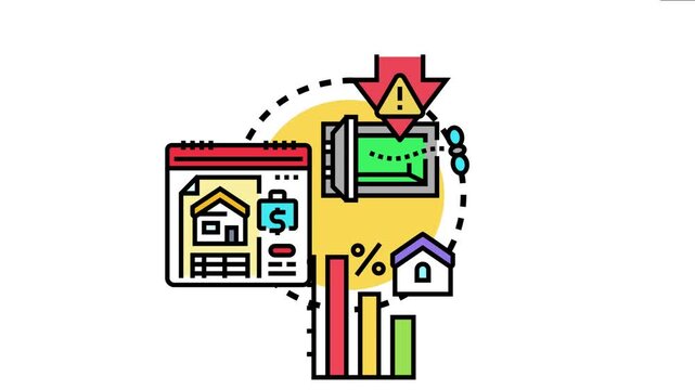 Mortgage default risk concept cartoon financial problems, housing loans, and payment difficulties with a home, budget, calendar, and warning signs