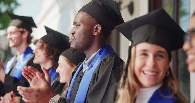 Graduation, man or crowd outdoor with clap, achievement or college celebration at farewell event. Happy, success or students with applause, university milestone or proud moment at diploma ceremony.