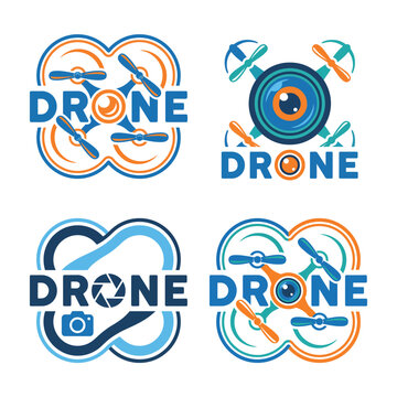 This image features four unique drone logos, emphasizing aerial photography and technology, capturing the essence of modern drone services with vivid colors and dynamic designs.