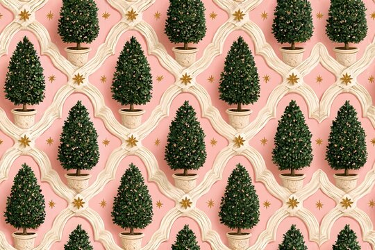 Seamless grandmillennial Christmas pattern with scalloped ribbon trellis, potted topiary trees and golden stars, blush pink forest green cream and antique gold hand painted wallpaper design