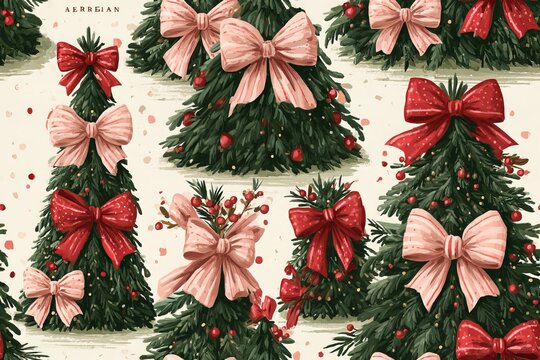Seamless Christmas pattern of ribbon bow decorated trees in sage green, dusty pink, berry red and warm cream, nostalgic gouache design