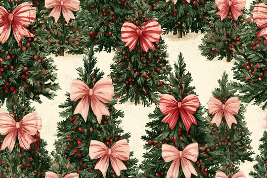 Seamless Christmas pattern of ribbon bow decorated trees in sage green, dusty pink, berry red and warm cream, nostalgic gouache design