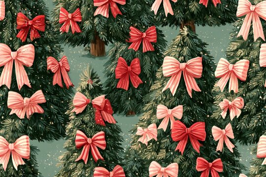 Seamless Christmas pattern of ribbon bow decorated trees in sage green, dusty pink, berry red and warm cream, nostalgic gouache design