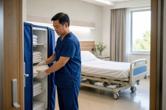 East Asian nursing assistant restocking wrapped bedding for hospital linen infection control