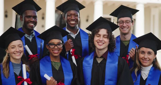 Friends, face and happy people at university for graduation success, education excellence or diploma. College graduate, group of students or smile with portrait, certificate or achievement at campus