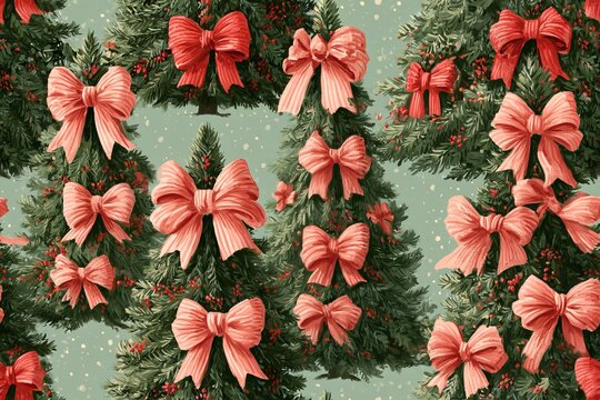 Seamless Christmas pattern of ribbon bow decorated trees in sage green, dusty pink, berry red and warm cream, nostalgic gouache design