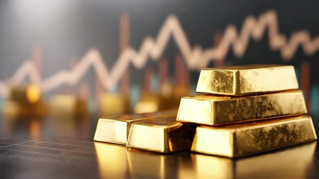 Close-up of gold bars on a table, set against a blurred background showing a chart with rising and falling trends. Concept of finance, investment, and wealth