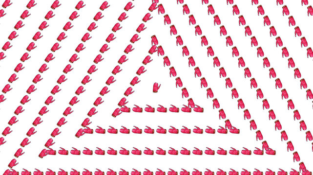 Geometric winter background with red mittens arranged in concentric triangle frames on white background