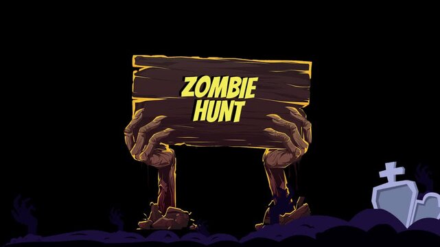 Cartoon zombie hands emerging from the ground holding a wooden sign board
