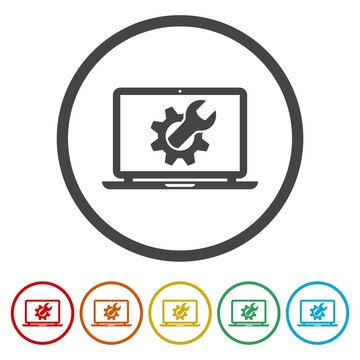Computer repair service sign icon. Set icons in color circle buttons