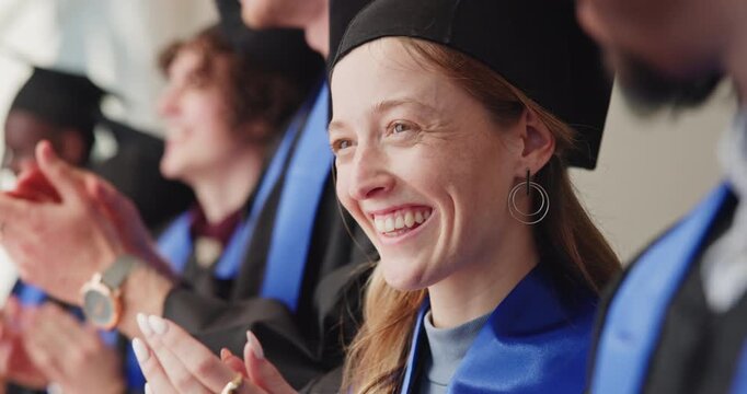 Education, girl and happy with applause for graduation ceremony, funny speech or collective success. Laugh, class and clapping at campus event for PHD celebration, college graduate and academic honor