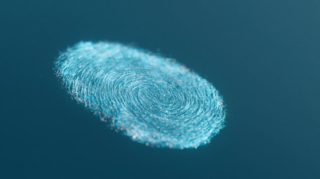 Digital fingerprint scan in glowing blue particles on a deep teal background, representing biometric security.