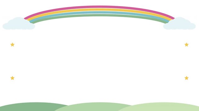 雲の間にパステル色の虹が描かれ緑の丘と小さな星が彩る白背景のフレームアニメーション