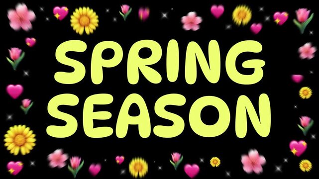 Spring season text with flowers and hearts on a black background with bloom