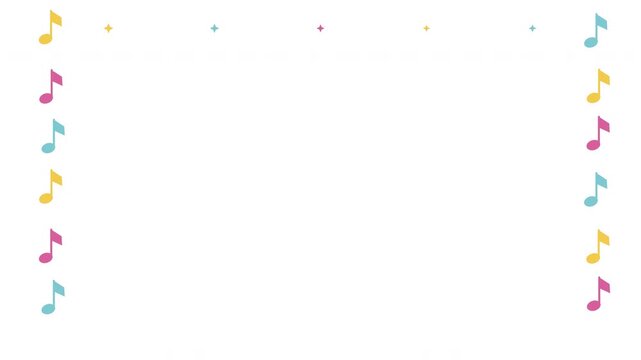 パステル色の音符が両側で揺れ小さな星がきらめく余白の広い白背景のフレームアニメーション