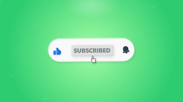 Subscribe button with notification bell and mouse cursor on green screen background. 