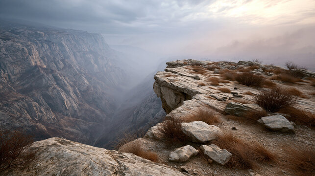 Dramatic rocky mountain cliff edge overlooking deep misty canyon valley at golden sunset hour with rugged stone terrain.
