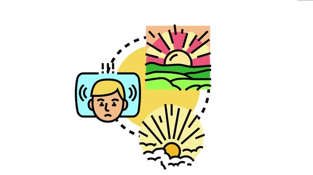 Person with open eyes on a pillow and an alarm clock symbol representing difficulty waking up with the radiant glow of the morning sun
