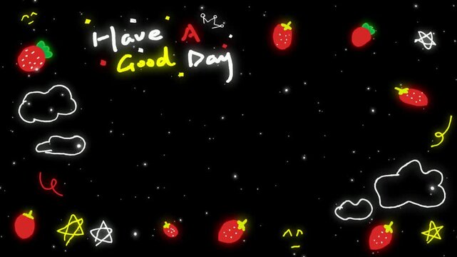 Neon strawberry and cloud pattern background with text on black backdrop