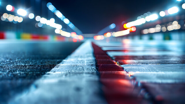 Blurred nighttime race track with illuminated road markings and city lights in background with artificial lighting during motion under artificial during evening hours surface blurred