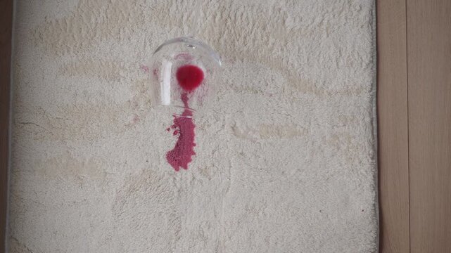 Red liquid from a fallen glass spilling and soaking into a soft white rug carpet indoors