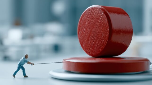 A miniature man struggling to push a large red cylinder. The small figure is pulling a rope attached to the cylinder, with a sense of immense effort and determination. The background is blurred.