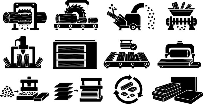 Wood processing machinery icon set, timber sawmill industrial vector symbols, black glyph lumber mill and woodchip manufacturing icons