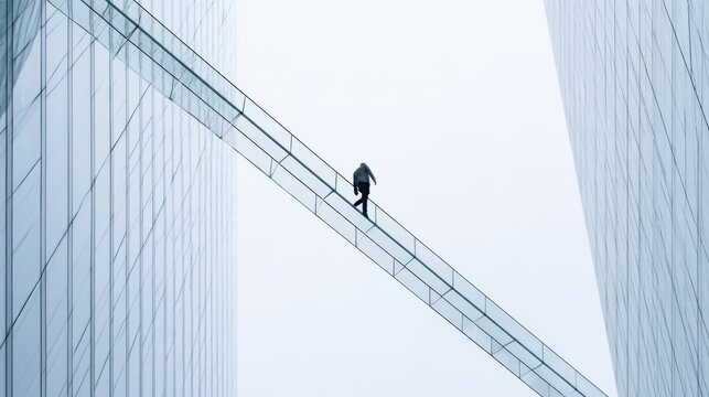 A lone person walking across a skywalk connecting two modern skyscrapers under an overcast sky