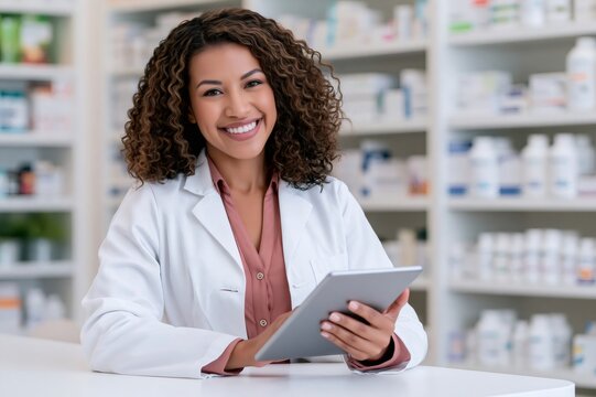 Pharmacist woman using tablet smiling in pharmacy