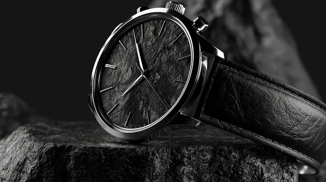 Elegant black men's watch with stone texture dial and leather strap resting on a natural rock surface.