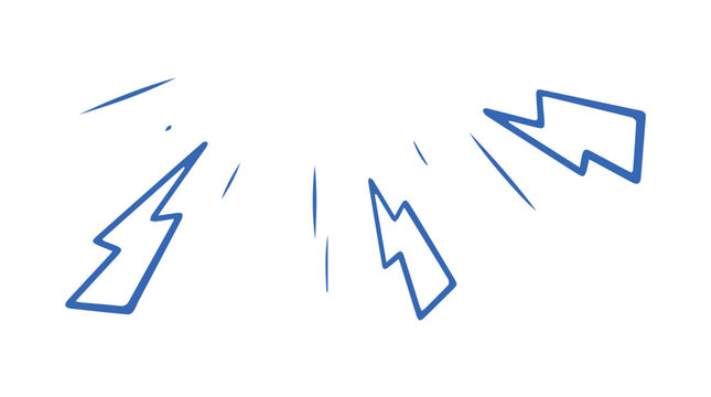 Blue hand drawn lightning bolts and jagged electrical sparks radiating outwards from a central point against a minimalist plain white background.