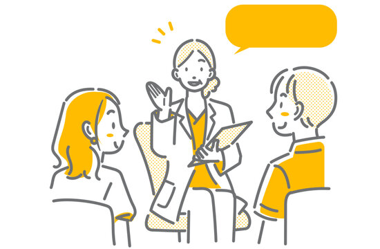 夫婦に優しく説明するベテラン女性医師　シンプルでお洒落な線画イラスト