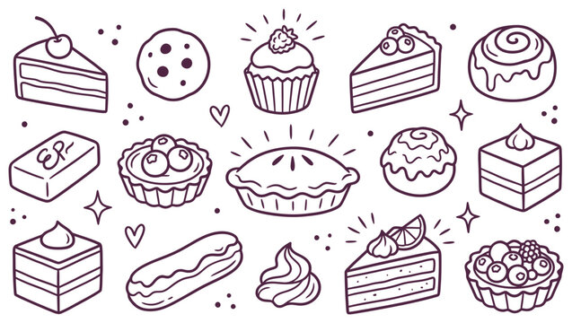 Hand drawn bakery line art doodles, cute sweet dessert vector icon set, bakery menu clipart with cake slices, pie, cookie, and cupcake illustrations