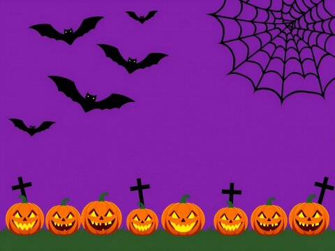Happy halloween pumpkins with scary faces and flying black bats on a purple background with a spider web