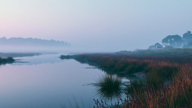 Ethereal marsh scene with tranquil water reflecting pink sky and silhouette of trees on foggy morning dawn nature backdrop.