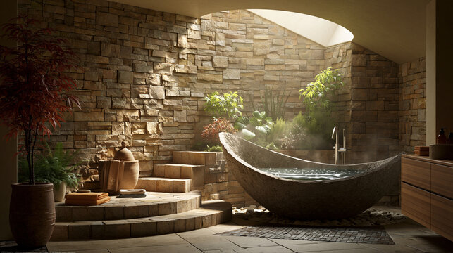 Exotic stone bathtub filled with steaming water in a spa bathroom featuring stone walls, plants, and wood accents.