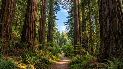 Obraz premium Sunlit Path Through Majestic Redwood Forest with Canopy Gap