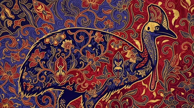 Red batik pattern silhouette of a cassowary bird.