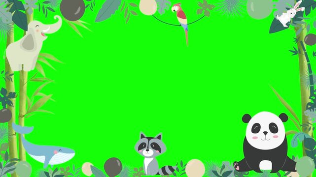 Animated jungle animal border frame with green screen background for video