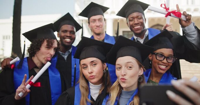 Happy, friends and selfie outdoor for graduation, degree celebration and funny face for online post. People, graduate class and photo with diploma for masters ceremony memory, social media and goofy